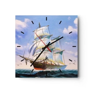 Orologio da parete - Orologio in Vetro - Una nave a vela in mare aperto sotto un cielo azzurro - 30x30cm - Con orgoglio nel vento - Decorazione murale moderna per soggiorno e camera da letto ARTTOR