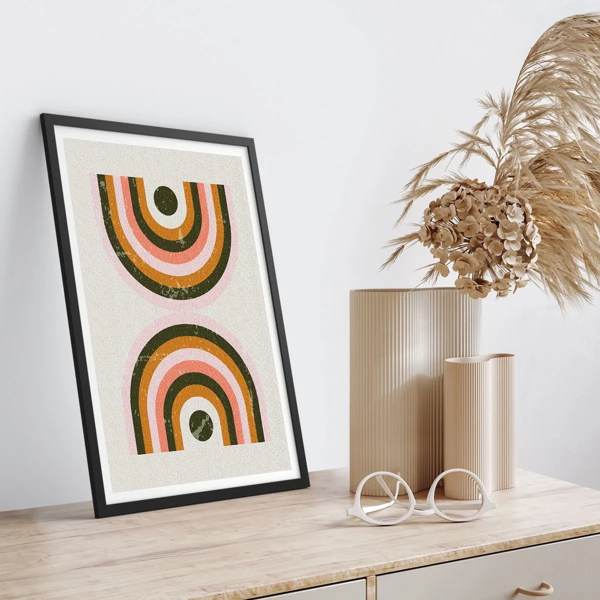 Poster in cornice nera - Composizione geometrica in stile retrò - 50x70cm - Astrazione gemella - Decorazione murale moderna per soggiorno e camera da letto ARTTOR