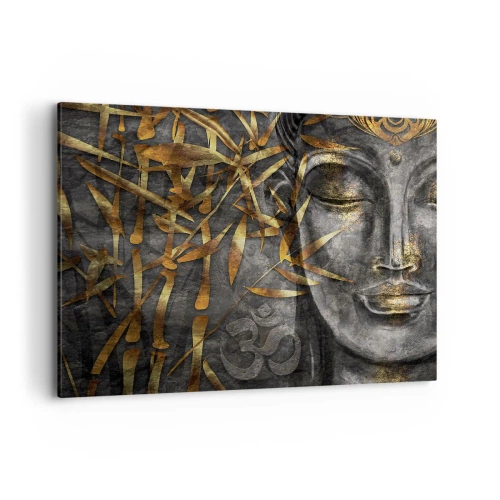 Quadro su tela - Stampe su Tela - Immagine del Buddha Zen con bambù dorati - 100x70cm - Senti la pace - Decorazione murale moderna per soggiorno e camera da letto ARTTOR