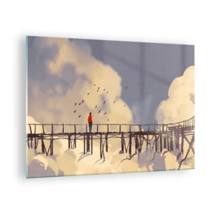 Quadro su vetro - Un uomo su un ponte di legno circondato dalle nuvole - 70x50cm - Nostalgia del cielo - Decorazione murale moderna per soggiorno e camera da letto ARTTOR