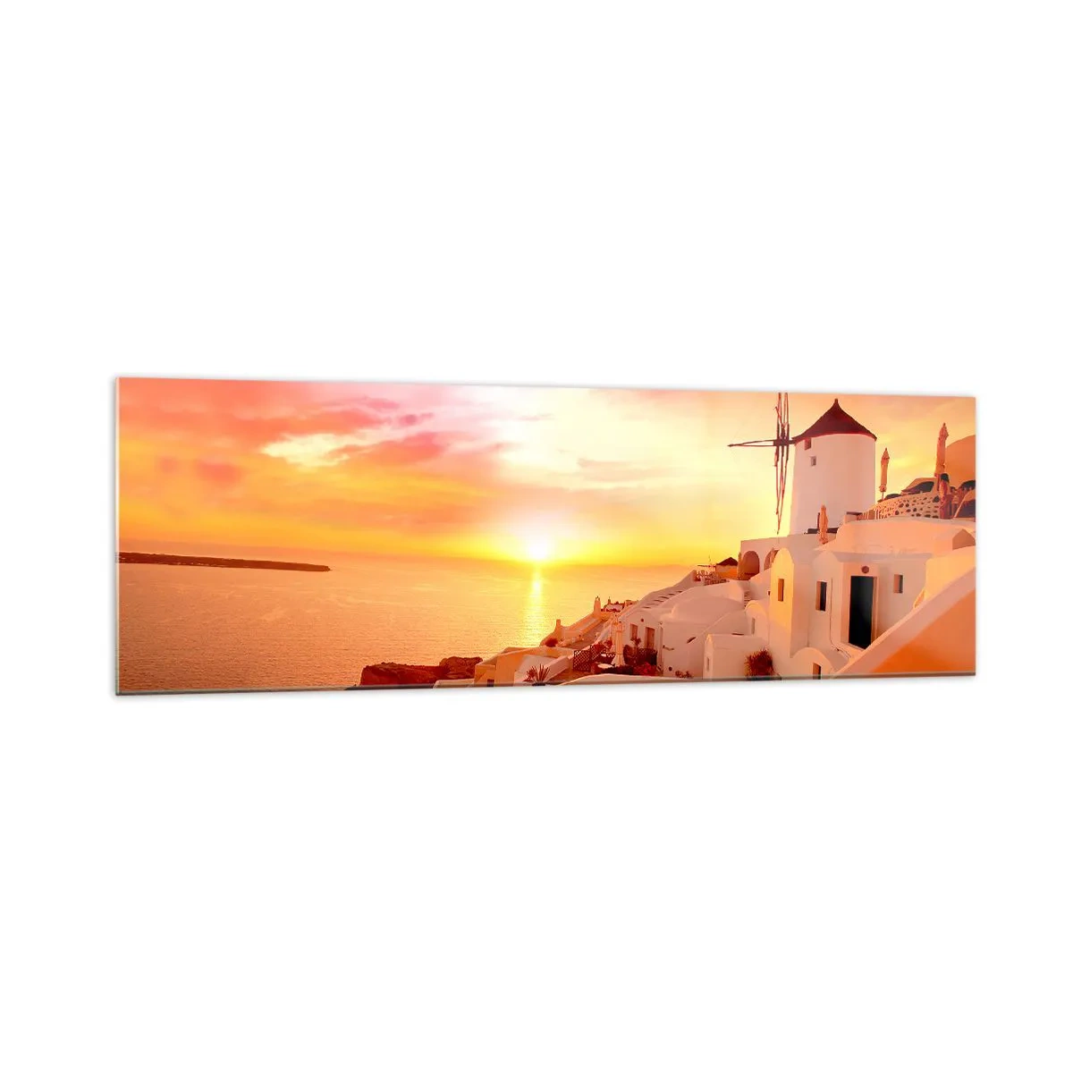 Quadro su vetro - Santorini al tramonto con un mulino a vento - 160x50cm - Sciogliersi nel bianco e nell'oro - Decorazione murale moderna per soggiorno e camera da letto ARTTOR