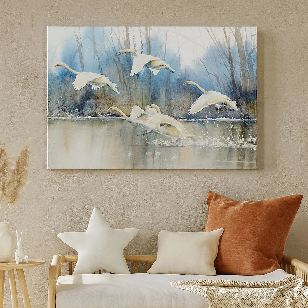 Quadro su tela - Stampe su Tela - Cigni in volo sopra un lago ghiacciato in un paesaggio invernale - 70x50cm - Come la favola dei cigni selvatici - Decorazione murale moderna per soggiorno e camera da letto ARTTOR