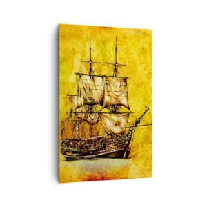 Quadro su tela - Stampe su Tela - Disegno stilizzato di una nave a vela su sfondo dorato, dall'aspetto vintage. - 80x120cm - Verso la Tortuga! - Decorazione murale moderna per soggiorno e camera da letto ARTTOR