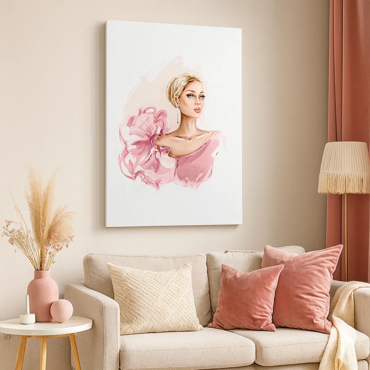 Quadro su tela - Stampe su Tela - Ritratto di una donna in abito rosa su sfondo chiaro - 50x70cm - Come un quadro... - Decorazione murale moderna per soggiorno e camera da letto ARTTOR