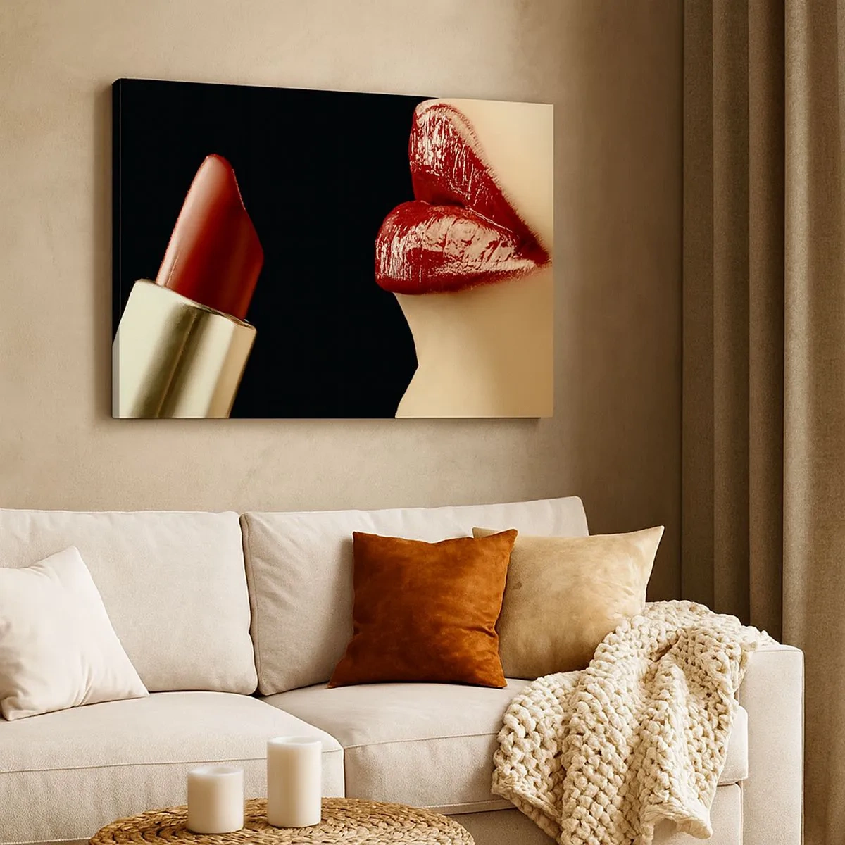 Quadro su tela - Stampe su Tela - Labbra rosse e rossetto su sfondo nero - 70x50cm - Sensualità e splendore del carminio - Decorazione murale moderna per soggiorno e camera da letto ARTTOR