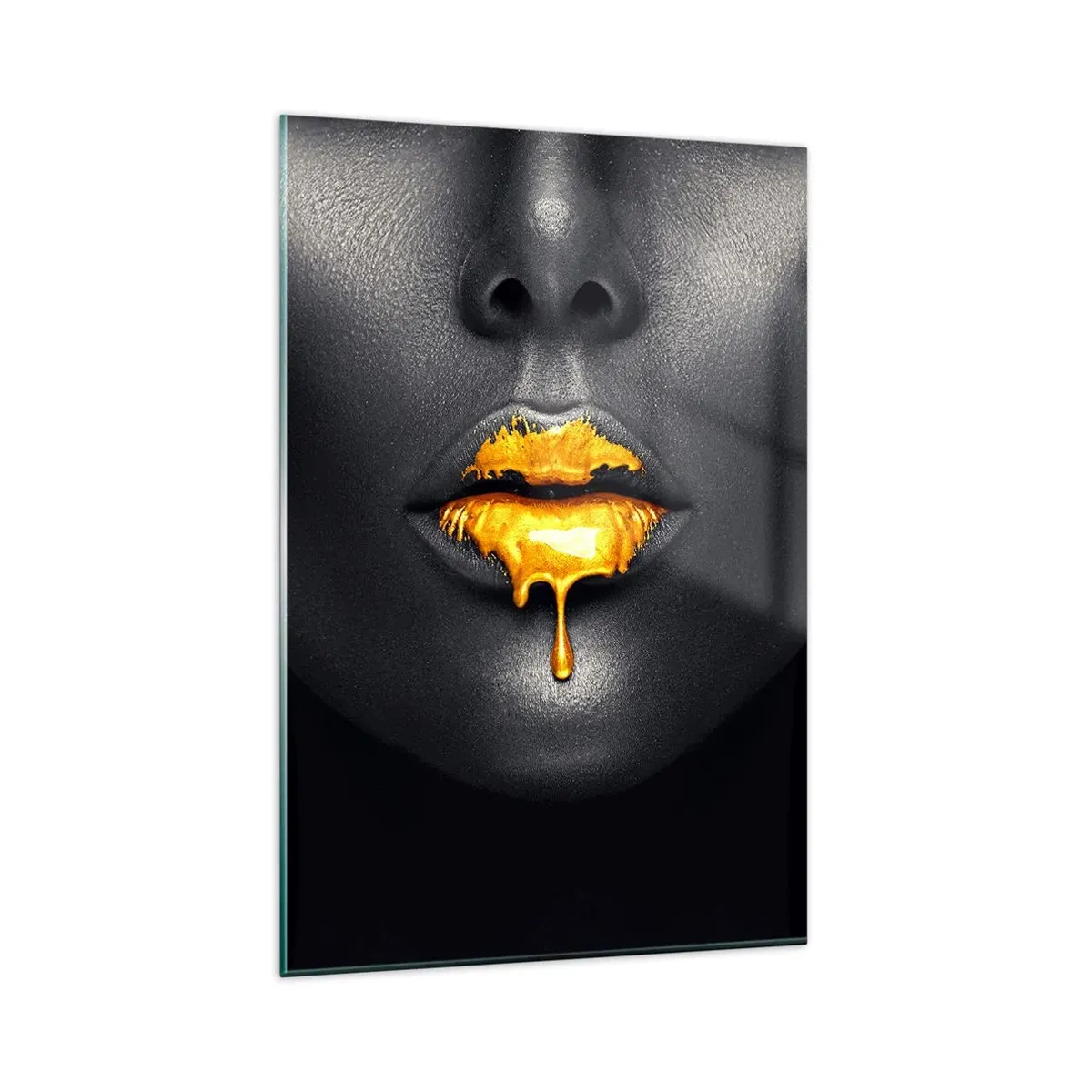 Quadro su vetro - Ritratto nero e oro di una donna con una goccia d'oro sulle labbra - 80x120cm - Boccadoro - Decorazione murale moderna per soggiorno e camera da letto ARTTOR