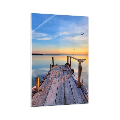 Quadro su vetro - Molo di legno al tramonto su un lago calmo - 70x100cm - Camminando verso il sole - Decorazione murale moderna per soggiorno e camera da letto ARTTOR