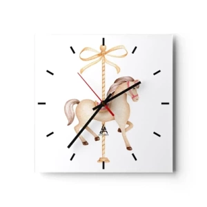 Orologio da parete - Orologio in Vetro - Un cavallo da giostra con un fiocco in delicati colori pastello - 30x30cm - Trotto aggraziato - Decorazione murale moderna per soggiorno e camera da letto ARTTOR