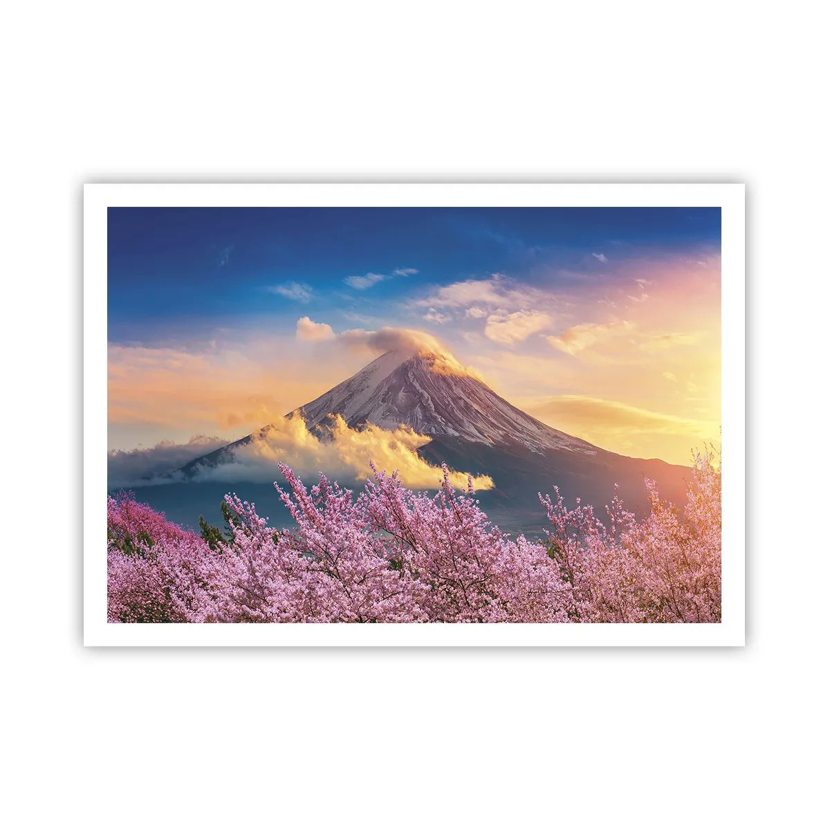 Poster - Il monte Fuji con i fiori di ciliegio sullo sfondo al tramonto - 100x70cm - Sacralità giapponese - Decorazione murale moderna per soggiorno e camera da letto ARTTOR