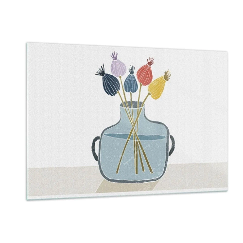 Quadro su vetro - Teste di papavero decorative in una brocca in stile grafico - 120x80cm - Il silenzio dei papaveri - Decorazione murale moderna per soggiorno e camera da letto ARTTOR