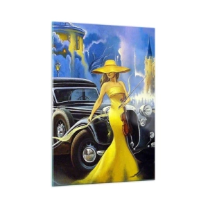 Quadro su vetro - Una donna con un vestito giallo accanto a un'auto d'epoca - 50x70cm - Notturno per violino e amore - Decorazione murale moderna per soggiorno e camera da letto ARTTOR