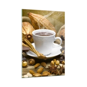 Quadro su vetro - Una tazza di cioccolata calda circondata da cioccolato e spezie - 50x70cm - Per i cercatori di emozioni - Decorazione murale moderna per soggiorno e camera da letto ARTTOR