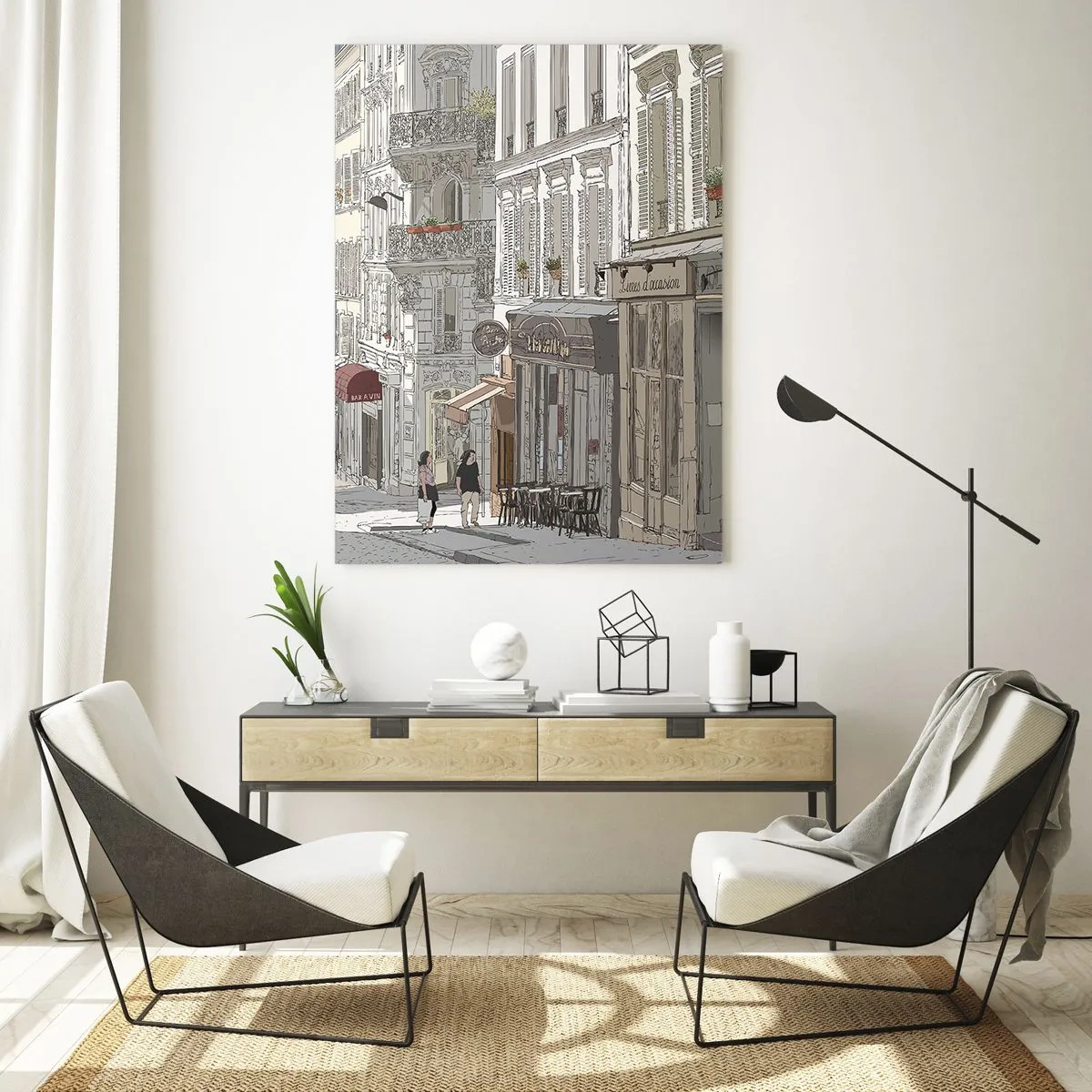 Quadro su vetro - Una strada con caffè in stile urbano artistico - 50x70cm - Gioie cittadine - Decorazione murale moderna per soggiorno e camera da letto ARTTOR