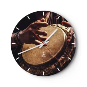 Orologio da parete - Orologio in Vetro - Mani che suonano un tamburo tradizionale in una luce calda - 30x30cm - Al ritmo del cuore - Decorazione murale moderna per soggiorno, cucina e camera da letto ARTTOR