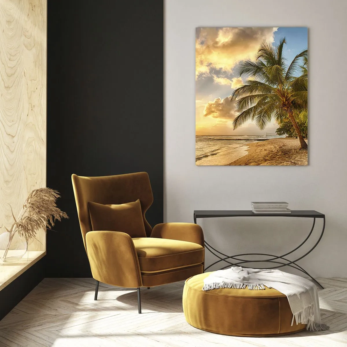 Quadro su vetro - Spiaggia con palme e tramonto sull'oceano - 80x120cm - Estate perpetua, vacanze per sempre - Decorazione murale moderna per soggiorno e camera da letto ARTTOR