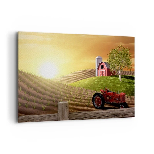 Quadro su tela - Stampe su Tela - Paesaggio rurale con un fienile rosso, un trattore e l'alba - 120x80cm - La fattoria delle favole - Decorazione murale moderna per soggiorno e camera da letto ARTTOR