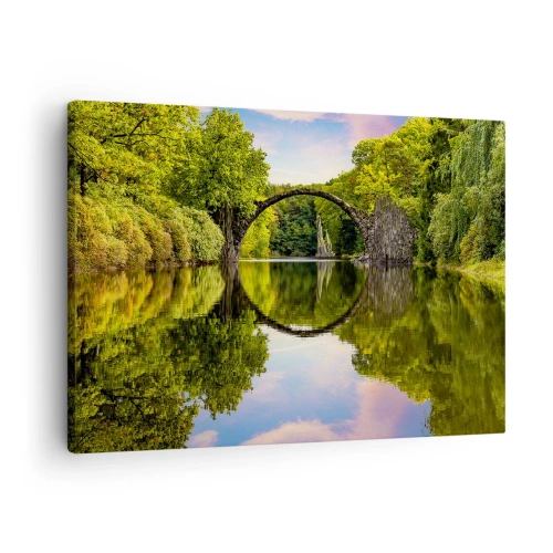 Quadro su tela - Stampe su Tela - Un ponte di pietra sopra un fiume con un riflesso perfetto nell'acqua - 70x50cm - All'incontro di due mondi - Decorazione murale moderna per soggiorno e camera da letto ARTTOR