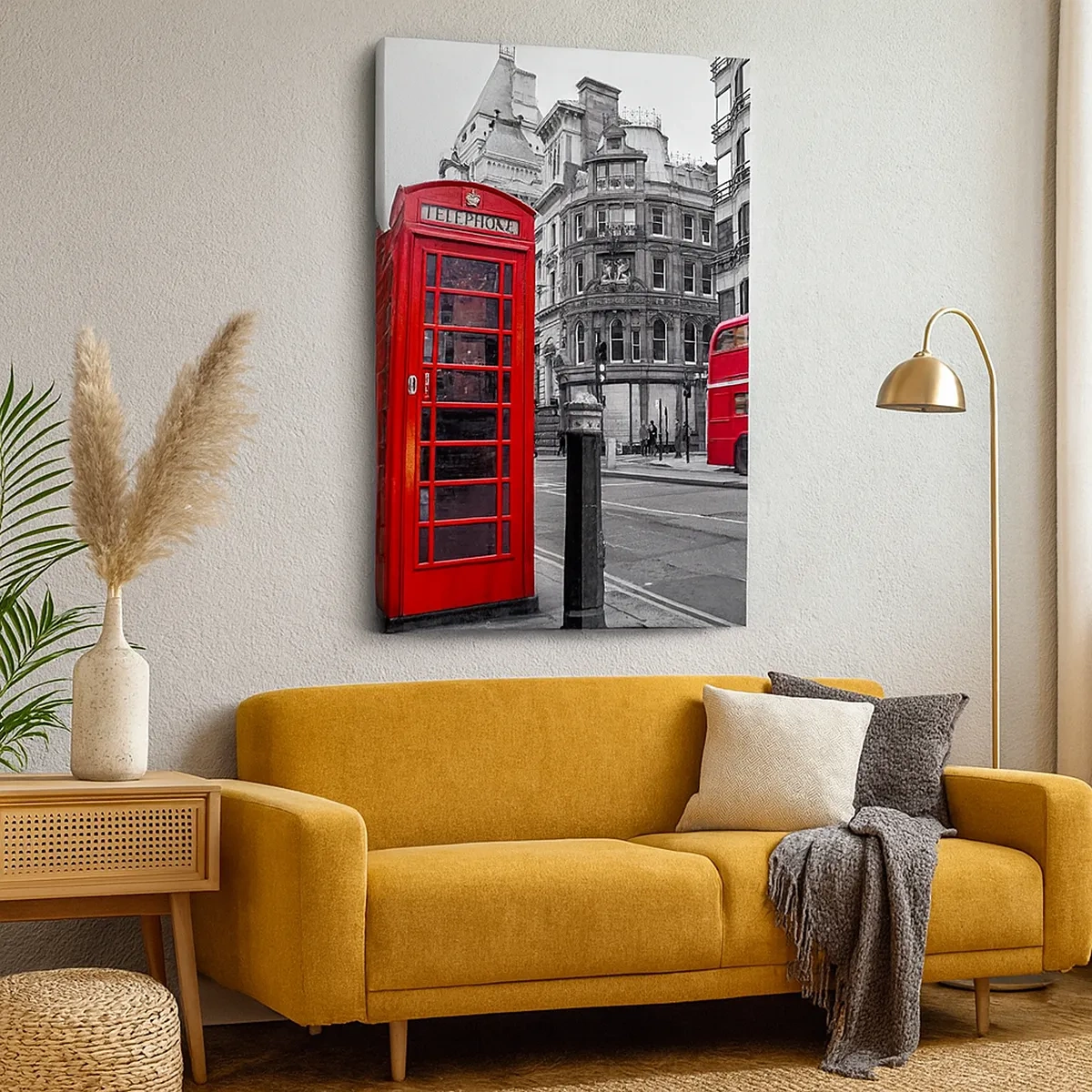 Quadro su tela - Stampe su Tela - Una cabina telefonica rossa e un autobus a due piani a Londra con la città sullo sfondo - 50x70cm - Il più rosso d'Europa - Decorazione murale moderna per soggiorno e camera da letto ARTTOR