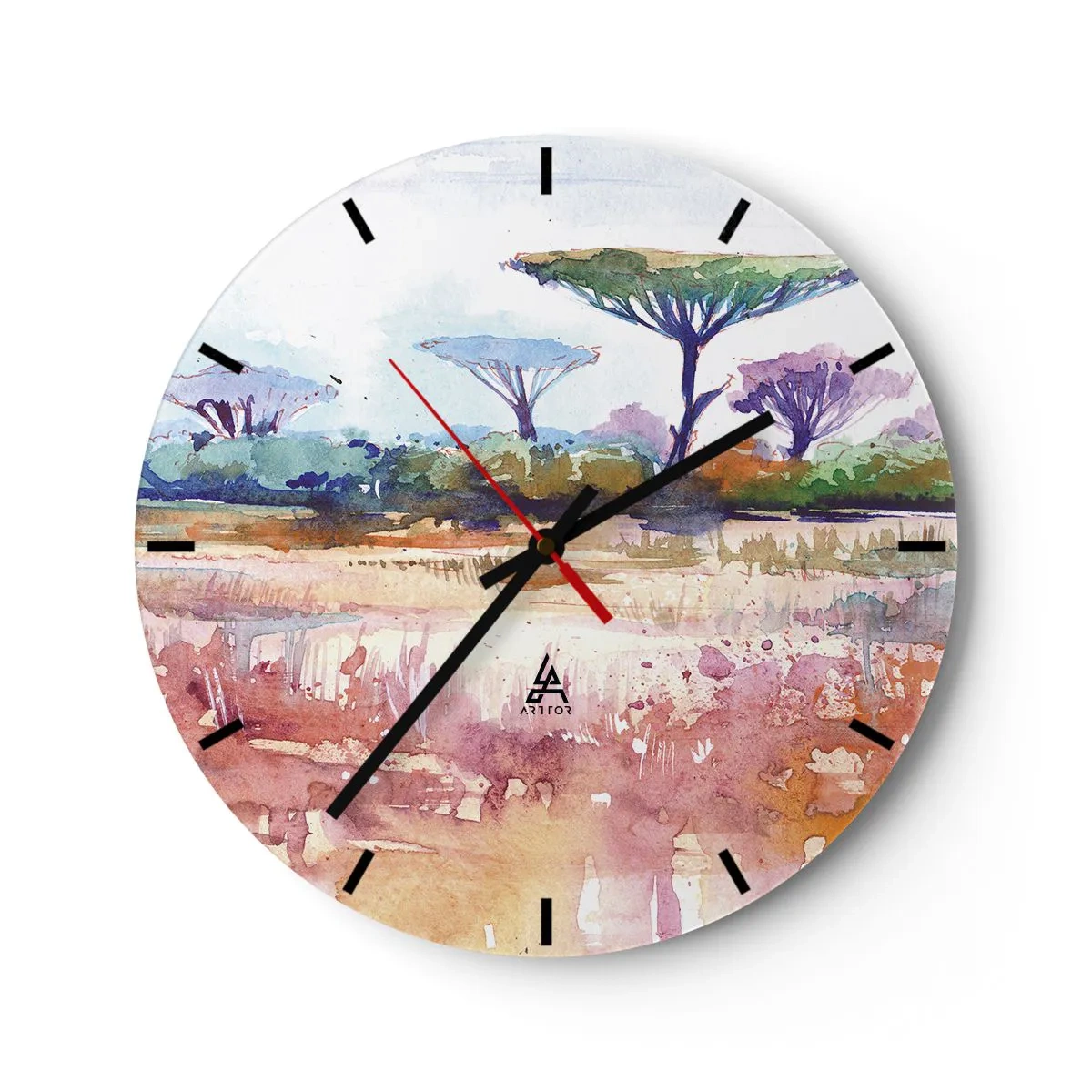 Orologio da parete - Orologio in Vetro - Un paesaggio di savana ad acquerello con alberi caratteristici - 30x30cm - I colori della savana - Decorazione murale moderna per soggiorno, cucina e camera da letto ARTTOR