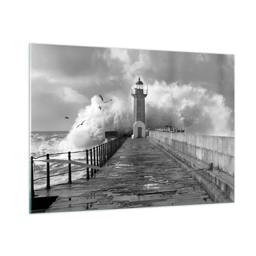 Quadro su vetro - Una foto in bianco e nero di un faro in mezzo alle onde che si infrangono. - 100x70cm - Senza paura - Decorazione murale moderna per soggiorno e camera da letto ARTTOR