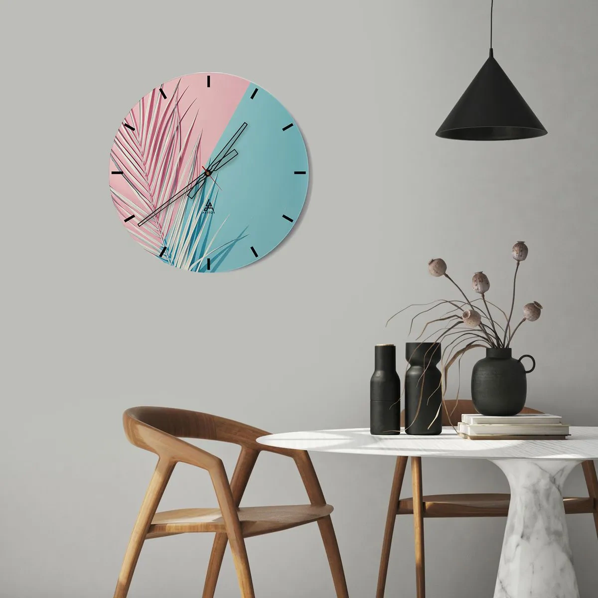 Orologio da parete - Orologio in Vetro - Foglie di palma su uno sfondo rosa pastello e blu - 30x30cm - Impressione tropicale - Decorazione murale moderna per soggiorno, cucina e camera da letto ARTTOR