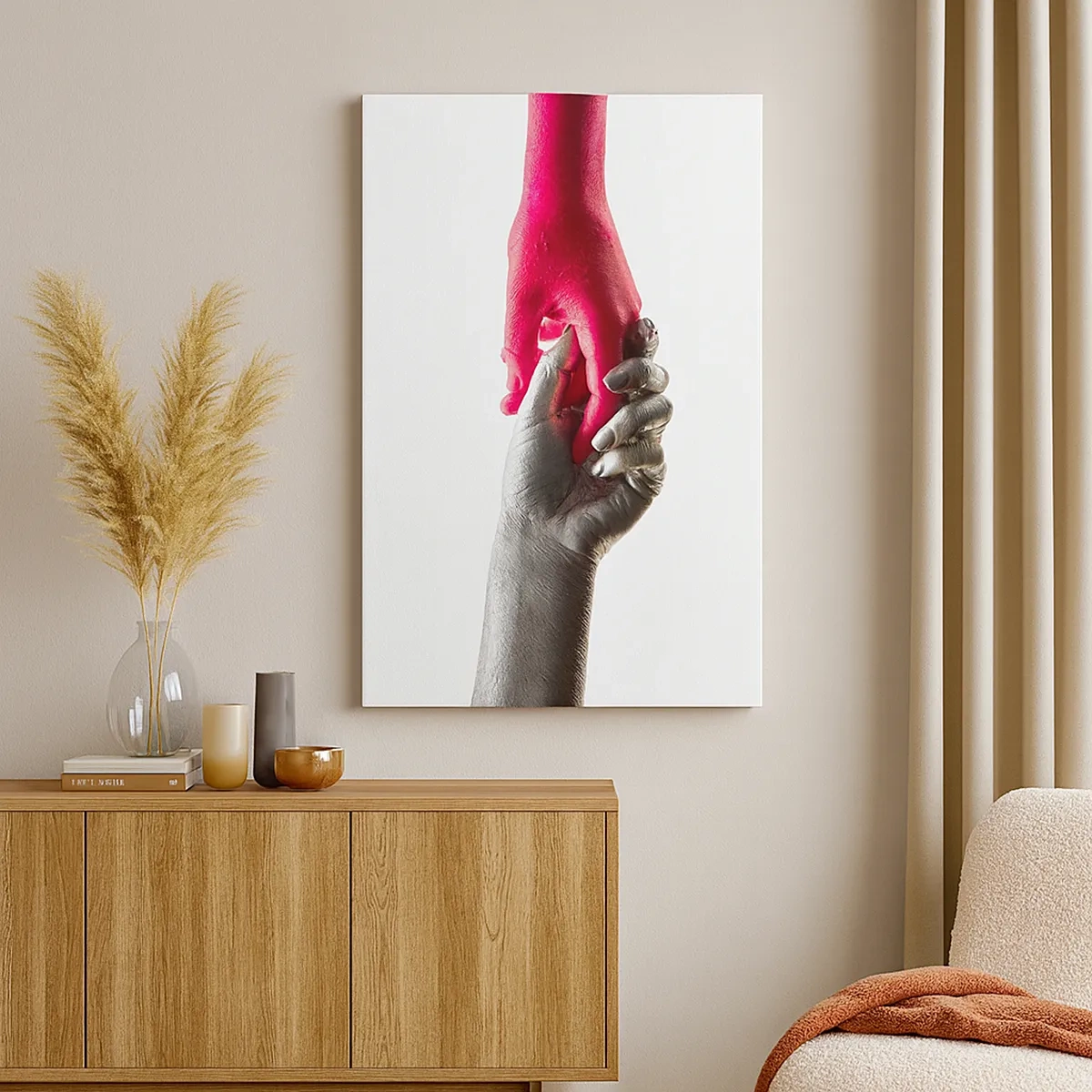 Quadro su tela - Stampe su Tela - Mani simboliche in argento e rosso - 50x70cm - Insieme, sebbene diversi - Decorazione murale moderna per soggiorno e camera da letto ARTTOR