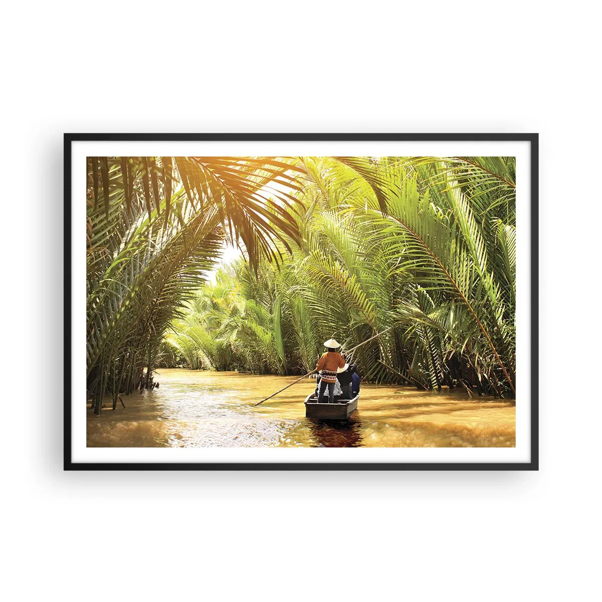 Poster in cornice nera - Una barca su un fiume circondata da vegetazione tropicale - 100x70cm - Tunnel di palme - Decorazione murale moderna per soggiorno e camera da letto ARTTOR