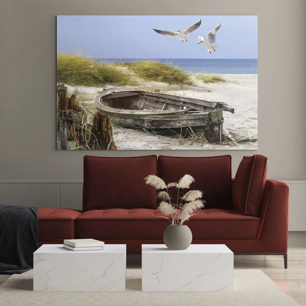 Quadro su vetro - Barca di legno sulla spiaggia con gabbiani in volo - 70x50cm - Bagnate dal vento - Decorazione murale moderna per soggiorno e camera da letto ARTTOR