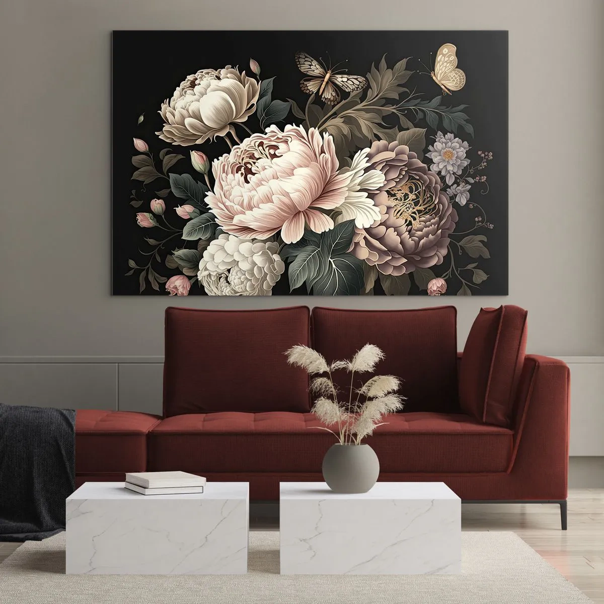 Quadro su vetro - Composizione floreale con farfalle su sfondo nero - 70x50cm - In stile barocco - Decorazione murale moderna per soggiorno e camera da letto ARTTOR