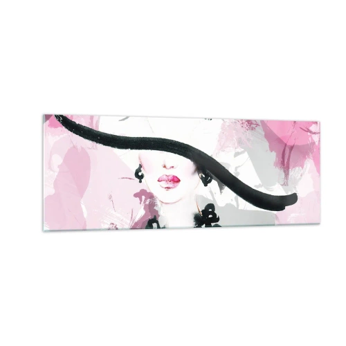 Quadro su vetro - Una donna elegante con un cappello su uno sfondo di astrazioni rosa. - 140x50cm - Ritratto di donna in nero e rosa - Decorazione murale moderna per soggiorno e camera da letto ARTTOR