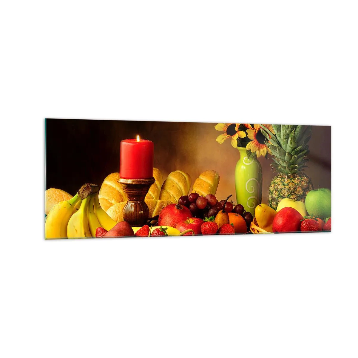 Quadro su vetro - Natura morta con frutta, pane, candela e fiori - 140x50cm - Natura morta con pane e frutta - Decorazione murale moderna per soggiorno e camera da letto ARTTOR