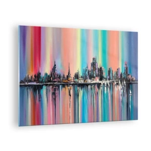 Quadro su vetro - Panorama urbano astratto con sfondo multicolore - 70x50cm - Fluttuare alle luci della notte - Decorazione murale moderna per soggiorno e camera da letto ARTTOR