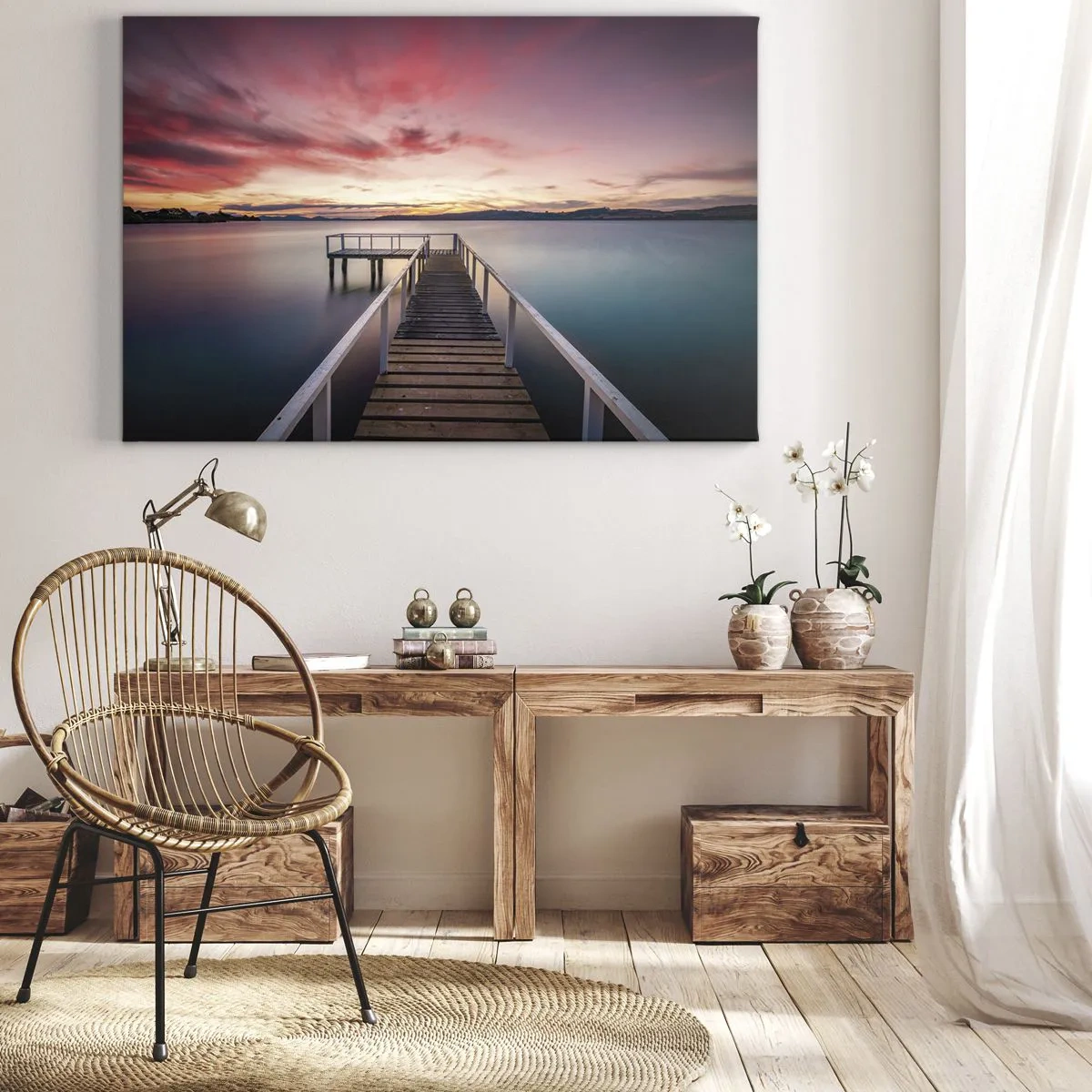 Quadro su tela - Stampe su Tela - Un molo che conduce a un lago tranquillo al tramonto - 70x50cm - La fiamma mite della sera - Decorazione murale moderna per soggiorno e camera da letto ARTTOR