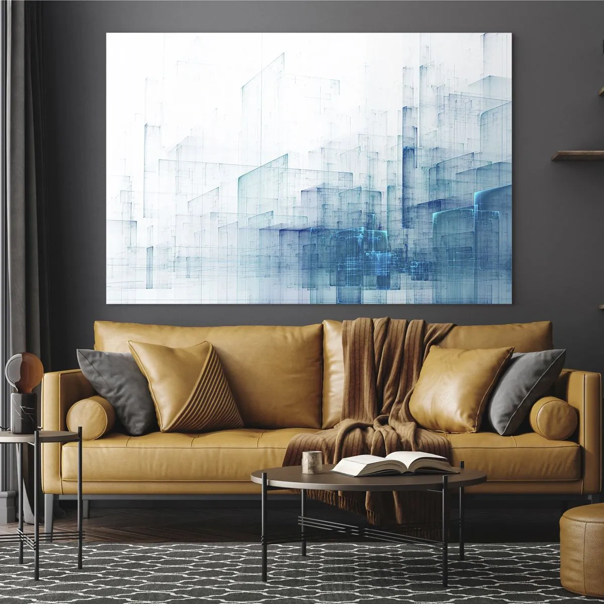 Quadro su vetro - Composizione geometrica astratta nei toni del blu - 70x50cm - E lo spazio fu - Decorazione murale moderna per soggiorno e camera da letto ARTTOR