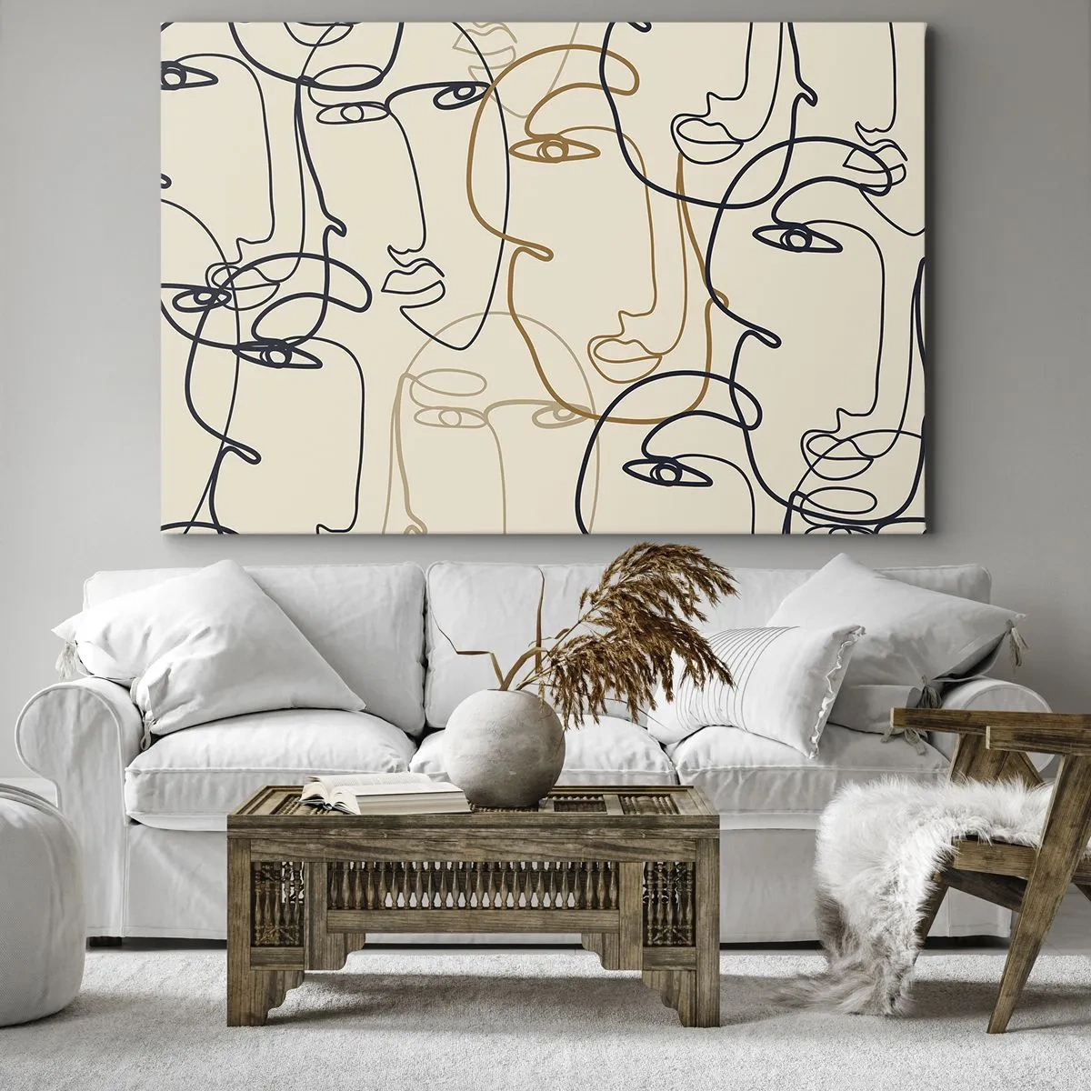 Quadro su tela - Stampe su Tela - Volti minimalisti in stile line art su sfondo chiaro - 100x70cm - Ritratto multiplo - Decorazione murale moderna per soggiorno e camera da letto ARTTOR