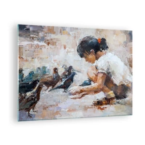 Quadro su vetro - Una ragazza che dà da mangiare agli uccelli su uno sfondo impressionistico - 70x50cm - Piccoli e gentili - Decorazione murale moderna per soggiorno e camera da letto ARTTOR
