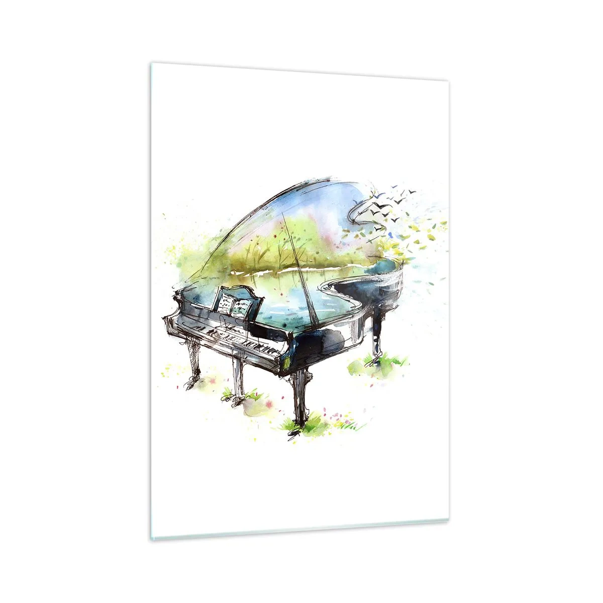 Quadro su vetro - Acquerello di un pianoforte immerso nella natura - 50x70cm - Incantato nella musica - Decorazione murale moderna per soggiorno e camera da letto ARTTOR