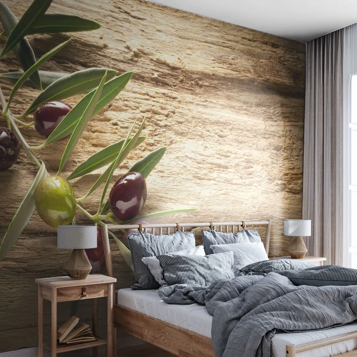 Fotomurali Premium Sand - Un ramo di ulivo su una superficie di legno rustico - 100x70cm - Direttamente dalla natura - Decorazione murale moderna per soggiorno e camera da letto ARTTOR