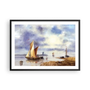 Poster in cornice nera - Barche a vela su acque calme con mulini a vento sullo sfondo - 70x50cm - Il ritorno dei marinai - Decorazione murale moderna per soggiorno e camera da letto ARTTOR