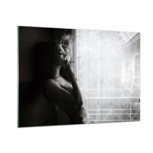 Quadro su vetro - Donna che fuma vicino alla finestra in bianco e nero - 100x70cm - Attimo sensuale - Decorazione murale moderna per soggiorno e camera da letto ARTTOR