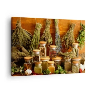 Quadro su tela - Stampe su Tela - Erbe e spezie in barattoli su uno sfondo rustico - 70x50cm - Magie di cucina - Decorazione murale moderna per soggiorno e camera da letto ARTTOR