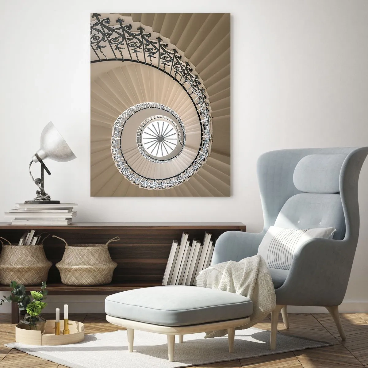 Quadro su vetro - Una vista su una scala a chiocciola che ricorda una conchiglia - 50x70cm - Al centro della chiocciola - Decorazione murale moderna per soggiorno e camera da letto ARTTOR