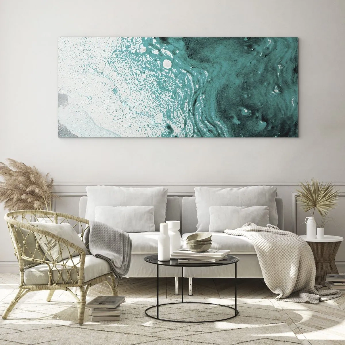 Quadro su vetro - Composizione astratta in tonalità turchesi su sfondo bianco - 120x50cm - Sciogliendosi nel bianco e nel turchese - Decorazione murale moderna per soggiorno e camera da letto ARTTOR