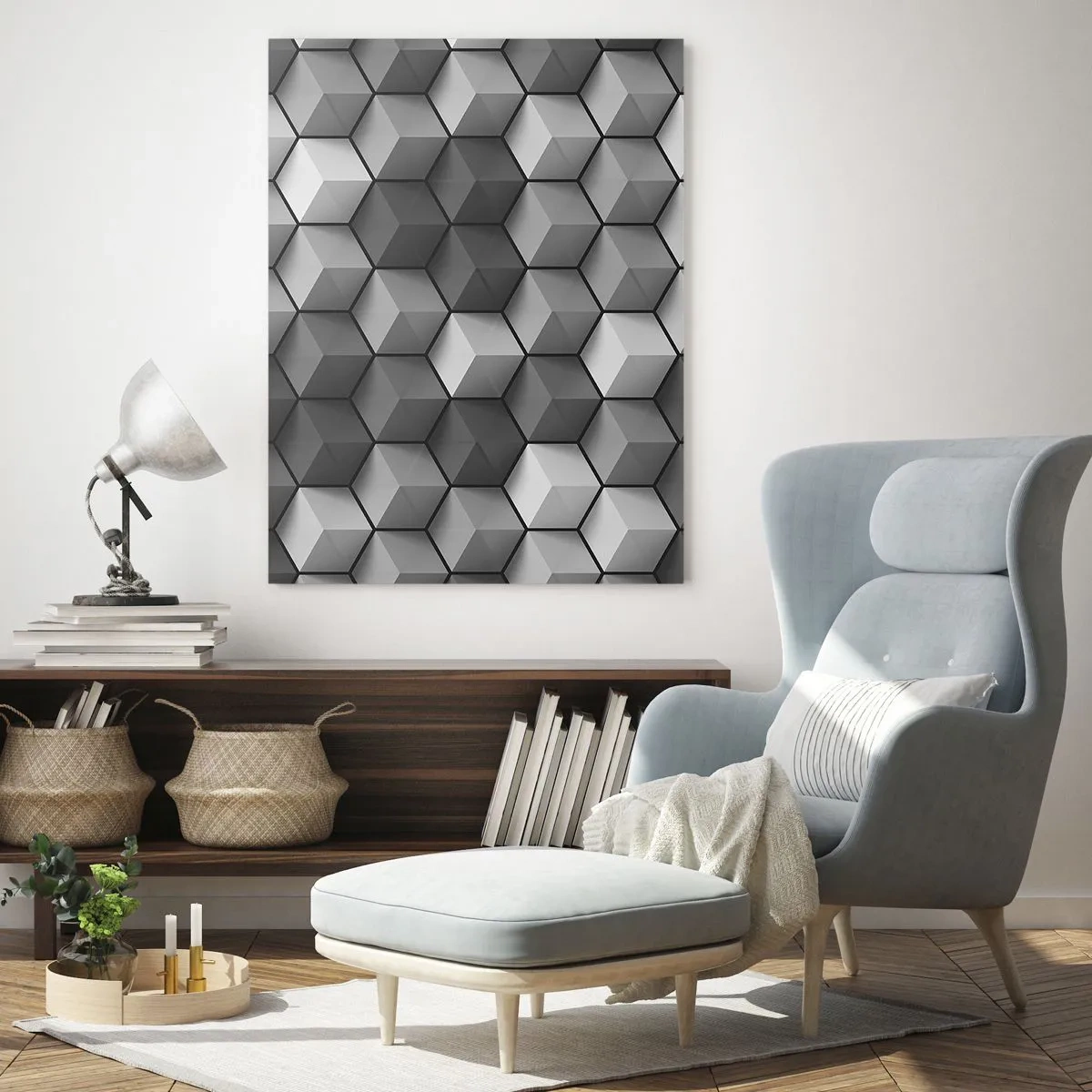 Quadro su vetro - Cubi geometrici in tonalità di grigio - 50x70cm - Puzzle cubista - Decorazione murale moderna per soggiorno e camera da letto ARTTOR