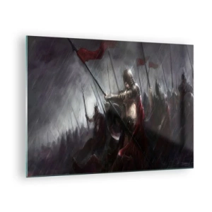 Quadro su vetro - Cavalieri sotto la pioggia sul campo di battaglia in completo equipaggiamento - 70x50cm - Passante, dì a Sparta... - Decorazione murale moderna per soggiorno e camera da letto ARTTOR
