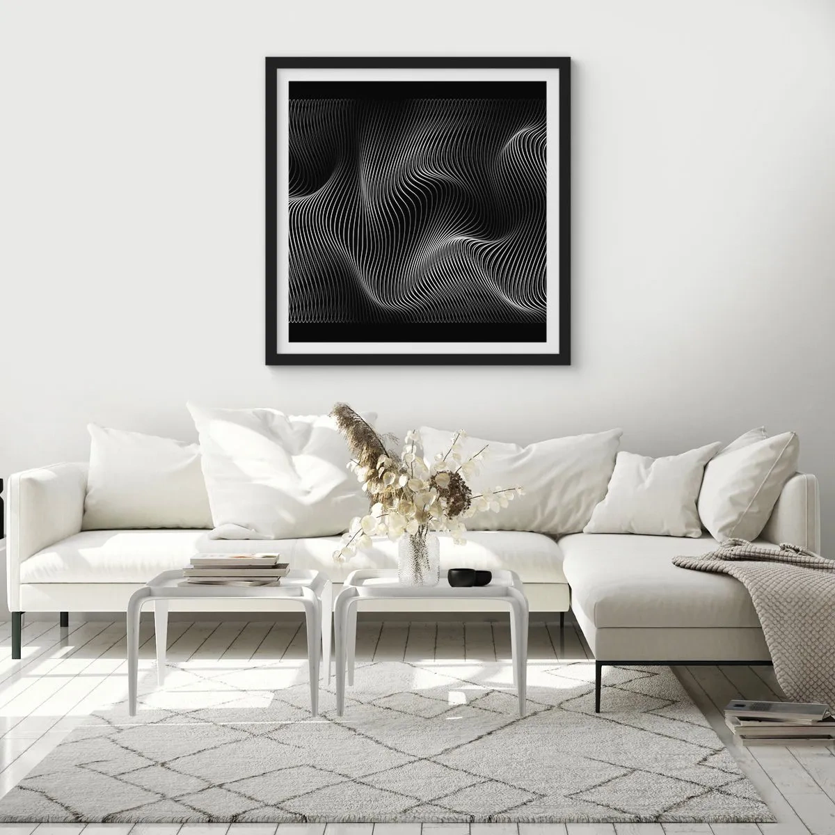 Poster in cornice nera - La danza della luce nello spazio - 40x40 cm