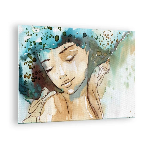 Quadro su vetro - Ritratto ad acquerello di una donna con gli occhi chiusi - 70x50cm - Lady in blue - Decorazione murale moderna per soggiorno e camera da letto ARTTOR