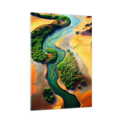 Quadro su vetro - Oasi verdi e un fiume tra dune arancioni - 50x70cm - Il fiume della vita - Decorazione murale moderna per soggiorno e camera da letto ARTTOR