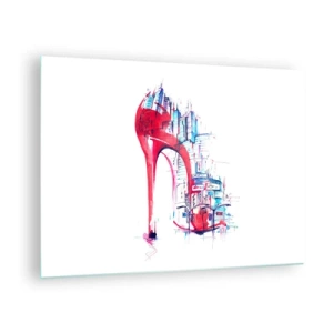 Quadro su vetro - Stiletto rosso con motivo di architettura urbana - 70x50cm - Elegante nella grande città - Decorazione murale moderna per soggiorno e camera da letto ARTTOR