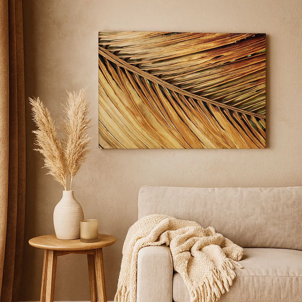 Quadro su tela - Stampe su Tela - Primo piano di una foglia di palma secca in toni caldi - 70x50cm - Oro di cocco - Decorazione murale moderna per soggiorno e camera da letto ARTTOR